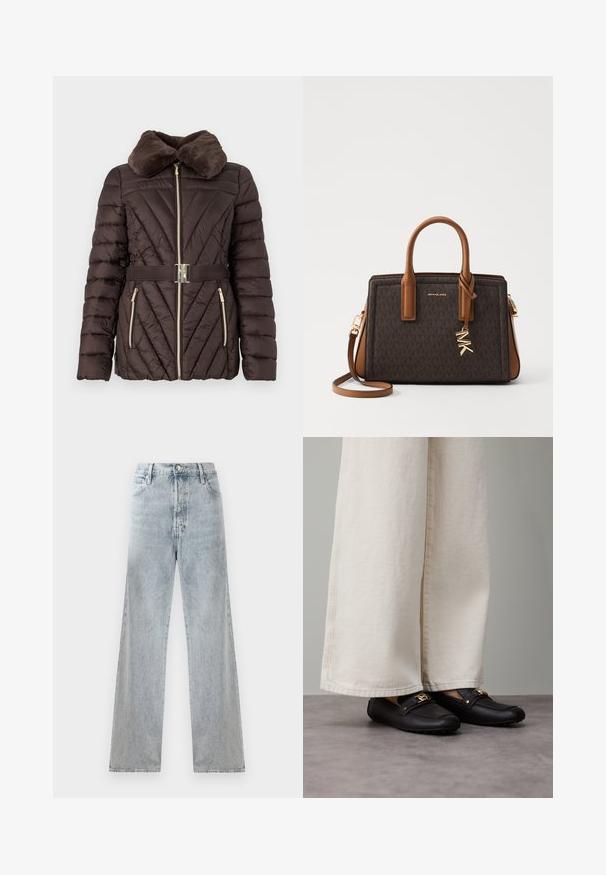 Brūna pufera jaka ar mākslīgās kažokādas apkakli, diagonālas quilted raksts, zelta rāvējslēdzis un atbilstoša jostas josta ar sudraba sprādzi.; Balta bez piedurknēm topa, izgatavots no gludas auduma, ar apaļu kakla izgriezumu un smalkām krokām uz pleciem, ar izliekta apakšmalu.; Gai zila džinsu bikses ar augstu vidukli, plašu kāju siluetu, tradicionālo piecu kabatu dizainu un smalkiem nodiluma efektiem.; Melni ādas loaferi ar zelta metāla detaļām, valkāti kopā ar platām, krēmkrāsas biksēm, kas atklāj gludu tekstūru un noapaļotu formu.; MICHAEL Michael Kors LAILA SATCHEL - Rokassoma - brown