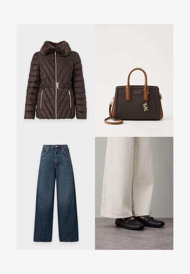 Brown puffer jacket with a faux fur collar, diagonal quilted pattern, gold zipper, and matching waist belt with a silver buckle.; White sleeveless top made of smooth fabric, featuring a round neck and subtle pleats on the shoulders, with a curved hemline.; Wide-leg jeans in dark blue denim, featuring a high waist, belt loops, front pockets, and subtle stitching details with a smooth texture.; Black leather loafers with gold hardware detail, worn with wide, cream-colored pants, showing a smooth texture and rounded shape.; MICHAEL Michael Kors LAILA SATCHEL - Handbag - brown