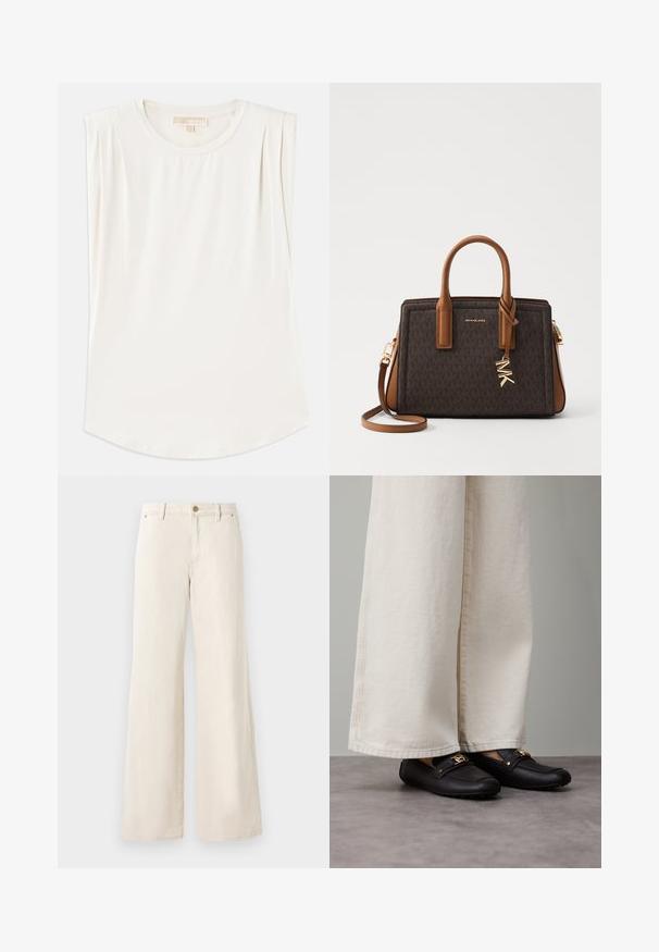 Brown puffer jacket with a faux fur collar, diagonal quilted pattern, gold zipper, and matching waist belt with a silver buckle.; White sleeveless top made of smooth fabric, featuring a round neck and subtle pleats on the shoulders, with a curved hemline.; Beige wide-leg pants made of cotton with a smooth texture. Features a button closure, front pockets, and a classic waistband design.; Black leather loafers with gold hardware detail, worn with wide, cream-colored pants, showing a smooth texture and rounded shape.; MICHAEL Michael Kors LAILA SATCHEL - Handbag - brown