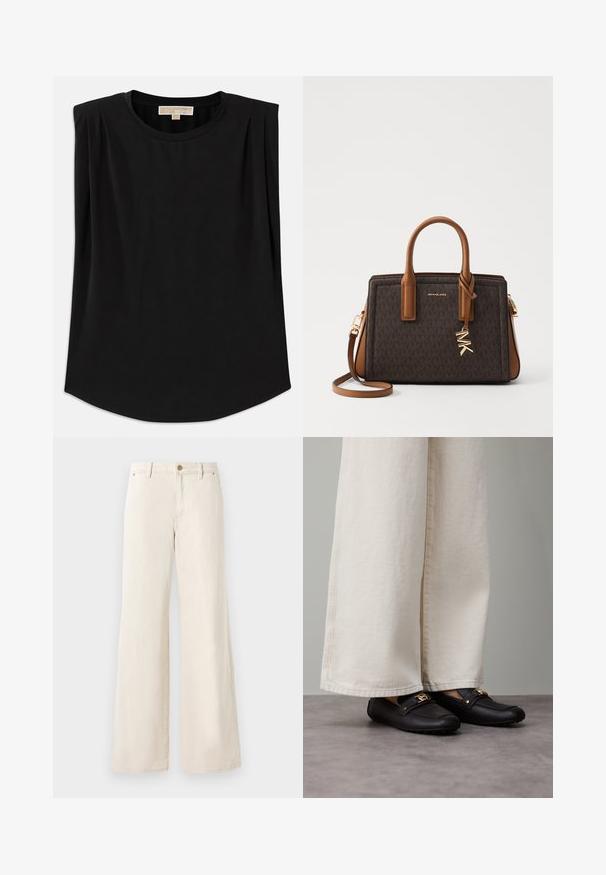 Braune Steppjacke mit einem Kunstfellkragen, diagonal gestepptem Muster, goldfarbenem Reißverschluss und passendem Taillengürtel mit einer silbernen Schnalle.; Schwarzes Oberteil aus weichem Stoff, mit rundem Halsausschnitt, kurzen Ärmeln mit Falten und leicht abgerundetem Saum. Keine Muster oder Akzente sichtbar.; Beige weite Baumwollhosen mit glatter Textur. Verfügt über einen Knopfverschluss, Fronttaschen und ein klassisches Bunddesign.; Schwarze Leder-Loafer mit goldenen Metallakzenten, getragen zu weiten, cremefarbenen Hosen, die eine glatte Textur und eine abgerundete Form zeigen.; MICHAEL Michael Kors LAILA SATCHEL - Handtasche - brown