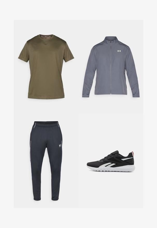 Pilkas zip-up džemperis, pagamintas iš lengvos medžiagos, su stovinčia apykakle ir logotipu kairėje krūtinės pusėje. Lygi tekstūra, sportiškas dizainas.; Alyvuogių spalvos trumpomis rankovėmis marškinėliai, pagaminti iš lygios medžiagos. Suapvalintas kaklas ir subtilus logotipas krūtinėje, pasižymintys paprastu ir moderniu dizainu.; Juodos sportinės kelnės, pagamintos iš lygaus audinio, su elastingu juosmeniu, susiaurėjusiomis kojomis ir baltomis šoninėmis juostelėmis. Įskaičiuota Under Armour logotipas.; Juodi sportiniai batai su tinkliniu viršumi, baltais akcentais, tekstūruotu padu ir raudona kulno juostele, kuri prideda papildomų detalių.