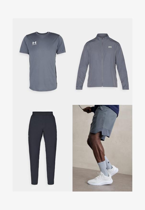 Grå zip-up jakke lavet af letvægtsmateriale, med en ståkrave og logo på venstre bryst. Glat tekstur, sporty design.; Grå atletisk t-shirt med korte ærmer. Har en rund halsudskæring og et hvidt Under Armour-logo på venstre bryst. Glat tekstur.; Sorte atletiske bukser med en glat overflade, tætsiddende pasform, elastisk talje og sidelommer. Indeholder et lille logo på venstre lår.; Hvide sportsko med tekstureret mesh-overdel, parret med lyseblå ribbede sokker med et logo. Grå sports shorts med perforeret kant.