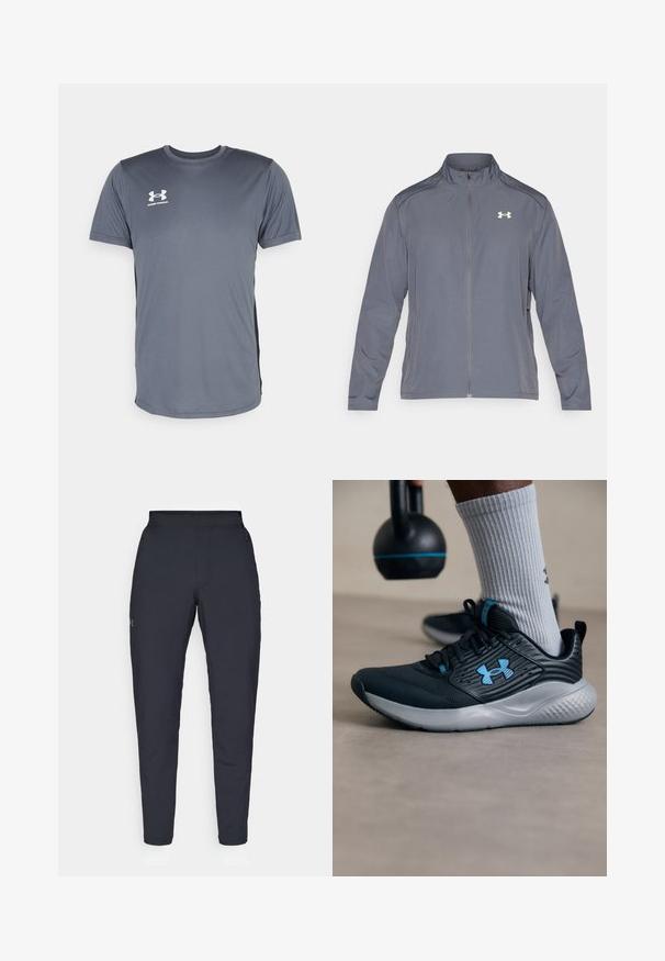 Grå zip-up jakke lavet af letvægtsmateriale, med en ståkrave og logo på venstre bryst. Glat tekstur, sporty design.; Grå atletisk t-shirt med korte ærmer. Har en rund halsudskæring og et hvidt Under Armour-logo på venstre bryst. Glat tekstur.; Sorte atletiske bukser med en glat overflade, tætsiddende pasform, elastisk talje og sidelommer. Indeholder et lille logo på venstre lår.; Sort atletiksko med blå accenter, struktureret overdel og grå sål. Båret med grå ribbede sokker, ved siden af en sort kettlebell.