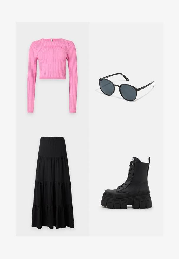 Črna jakna z zadrgo in belimi kontrastnimi šivi, visokim ovratnikom, elastičnimi manšetami in teksturirano notranjostjo. Na prsih je logotip.; Roza rebrastica dolgimi rokavi odrezan top z okroglim izrezom in teksturiranim vzorcem. Tkanina izgleda pletena z elastičnimi zapestniki.; Črna maxi krila iz mehkega blaga, s slojevitim dizajnom, elastičnim pasom in volančki na robu.; Buffalo GOSPHER LACE UP MID - Gležnjarji z vezalkami - black; Krogi črni sončni očali s temnimi lečami, izdelana iz plastike. Ozki temple z blagovno znamko ob strani, ki vsebujejo gladko teksturo in subtilne akcentne detajle.