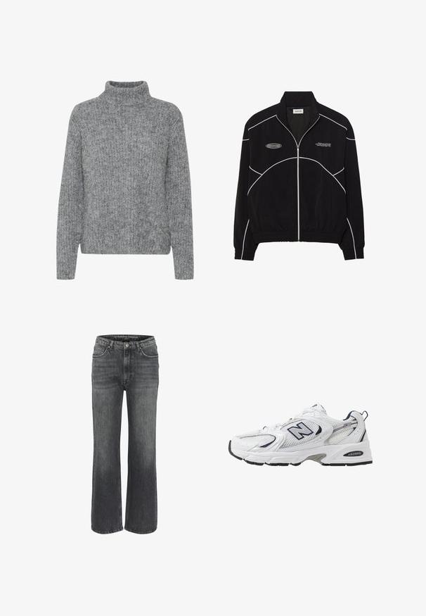 Schwarze Zip-Jacke mit weißen Kontrastnähten, hoher Kragen, elastischen Bündchen und strukturiertem Innenfutter. Verfügt über ein Logo auf der Brust.; Grau gestrickter Pullover mit hohem Kragen, variierenden Texturen und boxy Form. Verfügt über lange Ärmel und einen Saum, der in der Taille sitzt.; Leopardenmuster trägerloses Oberteil mit gerafftem Design und schwarzem Spitzenbesatz am Saum, aus leichtem Material gefertigt.; Weite Jeans aus dunkelgrauem Denim mit klassischem Fünf-Taschen-Design, genähten Details und einem Knopfverschluss an der Taille.; Weißer Sportschuh mit Mesh-Obermaterial, navyblauen Akzenten und gepolsterter Sohle. Verfügt über das "N"-Logo, Schnürsenkel und eine strukturierte Detailverarbeitung an der Seite.