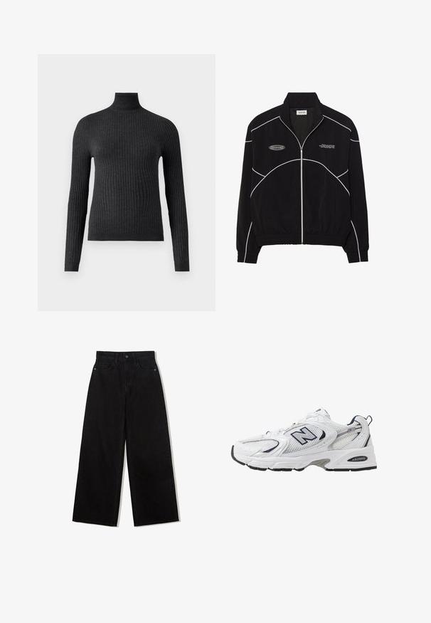 Black zip-up jacket with white contrast stitching, a high collar, elasticized cuffs, and a textured interior. Features a logo on the chest.; Dark gray turtleneck sweater made of ribbed fabric with long sleeves and a fitted design, featuring a high neckline and waistband.; Black, wide-leg jeans made of denim with a high waist, featuring a five-pocket design and a single button closure at the front.; White athletic shoe with mesh upper, navy accents, and cushioned sole. Features "N" logo, laces, and textured detail on side.