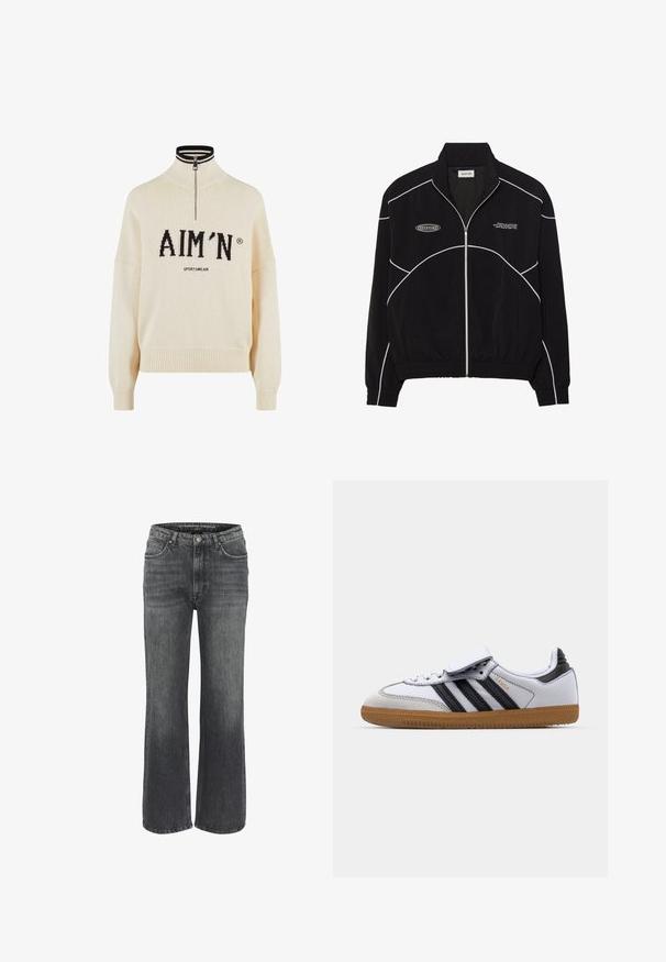 Čierna zipsová bunda s bielo kontrastným šitím, vysokým golierom, elastickými manžetami a textúrovaným interiérom. Obsahuje logo na hrudi.; Krémový sveter s vysokým golierom a štvrťzipom, s čiernym logom "AIM'N" a textom "SPORTSWEAR", rebrované manžety a spodný lem, pletená textúra.; Džínsy s širokými nohavicami v tmavošedej denimovej farbe, so klasikou päťvreckového dizajnu, šitými detailmi a gombíkovým zapínaním v páse.; Biele kožené tenisky s čiernymi pruhmi a šedými akcentmi, s okrúhlou špičkou a gumovou podrážkou. Zapínanie na suchý zips a šnúrky.