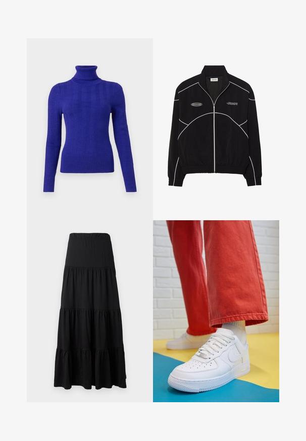 Veste noire zippée avec des coutures blanches contrastantes, un col montant, des poignets élastiques et un intérieur texturé. Présente un logo sur la poitrine.; Pull en col roulé violet à côtes avec des manches longues, présentant un design ajusté et une texture douce sur un fond clair.; Jupe maxi noire en tissu doux, avec un design à étages, une taille élastique et des accents volants à l'ourlet.; Baskets blanches en cuir avec une boîte à orteils perforée, semelle texturée et lacets blancs, associées à un large pantalon rouge et un fond bleu et jaune.