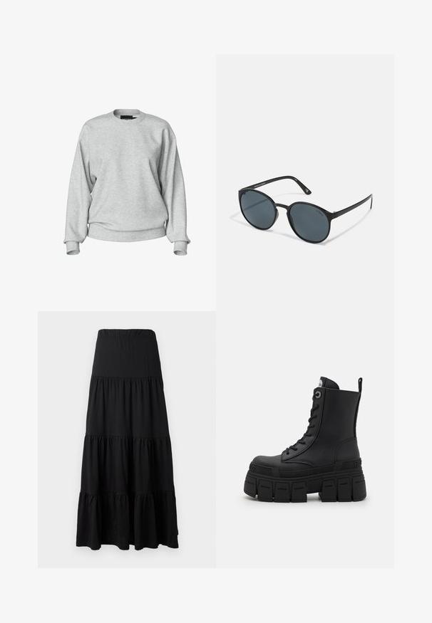 Fekete zipzáros dzseki fehér kontrasztvarrással, magas gallérral, elasztikus mandzsettákkal és strukturált belső résszel. Az elején logó található.; Világosszürke kapucnis pulóver kerek nyakkivágással, hosszú ujjú, bordás mandzsettával és laza fazonnal. Puha anyagból készült, minimális díszítéssel.; Fekete maxisziget puha anyagból, réteges kialakítással, rugalmas derékpánttal és fodros díszítéssel az alján.; Buffalo GOSPHER LACE UP MID - Fűzős bokacsizmák - black; Kerek fekete napszemüveg sötét lencsékkel, műanyagból készült. Karcsú szárak márkajelzéssel az oldalon, sima felülettel és finom részletekkel.