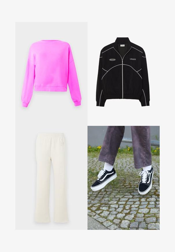 Melna jaku ar rāvējslēdzēju un baltām kontrastējošām šuvēm, augstu apkakli, elastīgām piedurknēm un teksturētu iekšpusi. Uz krūšu ir logo.; Gaiši rozā garo piedurknu kreklu ar apaļu kakla izgriezumu un ribotas aproces un apakšmalu, izlikts uz vienkāršas gaišas fona.; Krēmkrāsas sporta bikses ar elastīgu jostu un nemanāmu "GAP" logotipu augšējā kreisajā gurnā, attēlotas pret baltu fonu.; Melni zamšādas sporta apavi ar baltiem akcentiem, ar apaļu purngalu, biezu baltu zoli un klasisku šņorēšanas dizainu, uzvilkti ar baltām zeķēm un violetām biksēm.