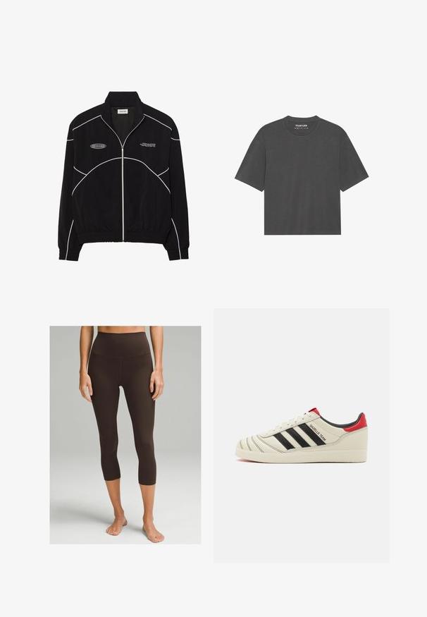 Sort zip-jakke med hvid kontrastsyning, højt krave, elastiske manchetter og en tekstureret inderside. Har et logo på brystet.; Mørkegrå t-shirt med korte ærmer, rund crew neck, lavet af blødt stof. Ingen synlige mønstre eller grafik, simpelt design.; lululemon ALIGN™ HIGH-RISE 53 CM - Tights - espresso; Cremefarvede lædersneakers med sorte striber, røde hælindlæg og teksturerede detaljer. Har en gummisål og snørelukning.