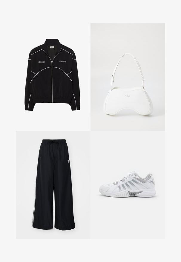 Fekete zipzáros dzseki fehér kontrasztvarrással, magas gallérral, elasztikus mandzsettákkal és strukturált belső résszel. Az elején logó található.; Fekete, rövidített hosszú ujjú felső magas nyakrésszel és negyed cipzárral, lapos varrásokkal és egy logó díszítéssel a szegély közelében.; Fekete, bő szabású nadrág, könnyű anyagból készült. Rugalmas derékkal, zsinórral és fehér oldalcsíkokkal rendelkezik. Márkalogó a csípőn.; Fehér sportschuhe szürke akcentusokkal, textúrázott hálós panelekkel, szellőző perforációkkal és egyedi talpformával a tapadás érdekében.; Fehér kézitáska sima, fényes felülettel, ívelt formával és egy állítható pánttal. Előoldalán domború logó található.