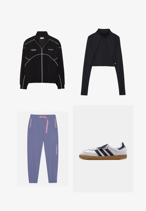 Svart hettejakke med hvit kontrastsøm, høyt krage, elastiske mansjetter og teksturert interiør. Har en logo på brystet.; Svart cropped langermet topp med høy hals og kvartglidelås, med flatlocksømmer og en logo ved kanten.; Even&Odd active Friluftsbukser - blue/grey; Hvit lær sneaker med svarte striper og grå detaljer, med rund tå og såle i gummigummi. Borrelås og snøring.