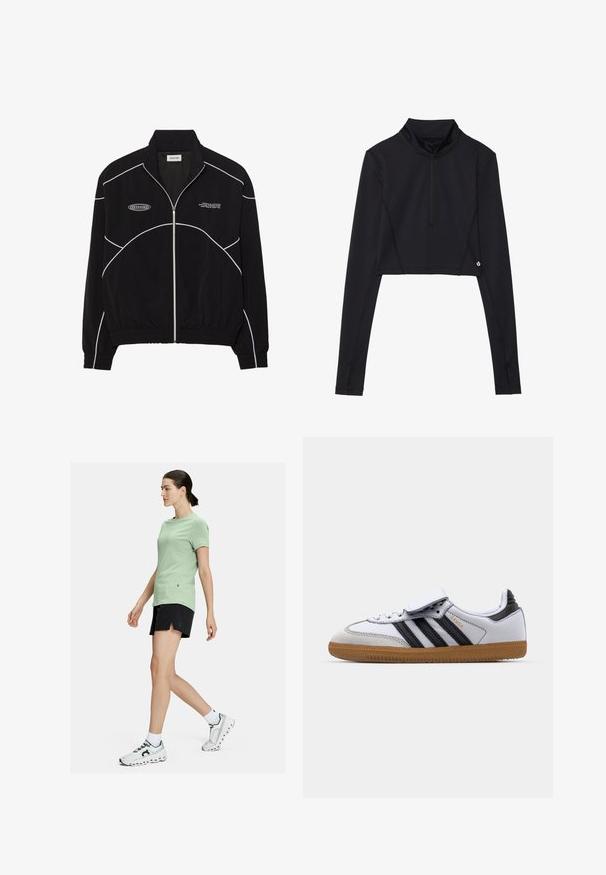 Svart zip-up jacka med vit kontrastsöm, hög krage, elastiska ärmslut och en strukturerad insida. Har en logotyp på bröstet.; Svart kort långärmad top med hög krage och kvartszipp, med flatlock-sömmar och en logotypdetalj nära fållen.; On ESSENTIAL - Träningsshorts - black; Vit lädersneaker med svarta ränder och grå detaljer, med rundad tå och sula av gummigummi. Kardborreband och snörning.
