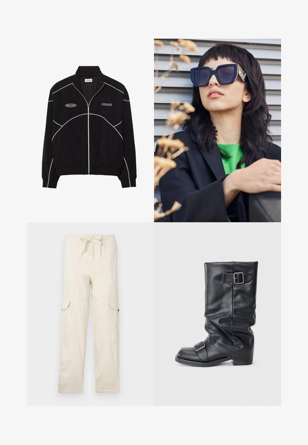 Čierna zipsová bunda s bielo kontrastným šitím, vysokým golierom, elastickými manžetami a textúrovaným interiérom. Obsahuje logo na hrudi.; Tričko v bielej, šedej a čiernej farbe s priliehavým strihom. Každé má široký výstrih a krátke rukávy. Vyrobené z hladkej, elastickej tkaniny.; Béžové cargo nohavice s elastickým pásom, majúce dva bočné vrecká a šité detaily. Vyrobené z ľahkého bavlneného materiálu.; Čierna kožená boot s preloženým štítom, vybavená dvoma striebornými prackami. Okrúhla špička a nízky, plochý dizajn podrážky. Hladká textúra, minimálne detaily.; Prehnané čierne slnečné okuliare s hrubým rámom a zlatým akcentom, nosené s čiernym sakom a jasne zelenou košeľou, na horizontálnom pozadí.
