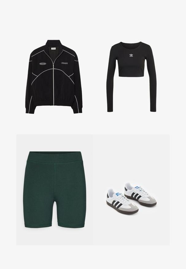 Jachetă neagră cu fermoar și cusături albe contrastante, guler înalt, manșete elasticizate și interior texturat. Prezintă un logo pe piept.; Top croptop negru cu maneci lungi, fabricat dintr-un material cu nervuri, cu gât rotund; prezintă un logo alb Adidas centrat pe piept.; ONLY Play ONPNOON LIFE SHORTS - Leggings - scarab; Încălțăminte sport cu un superior din piele albă, vârf din suede gri și trei dungi negre. Prezintă un logo albastru pe limbă și o talpă din cauciuc texturat.