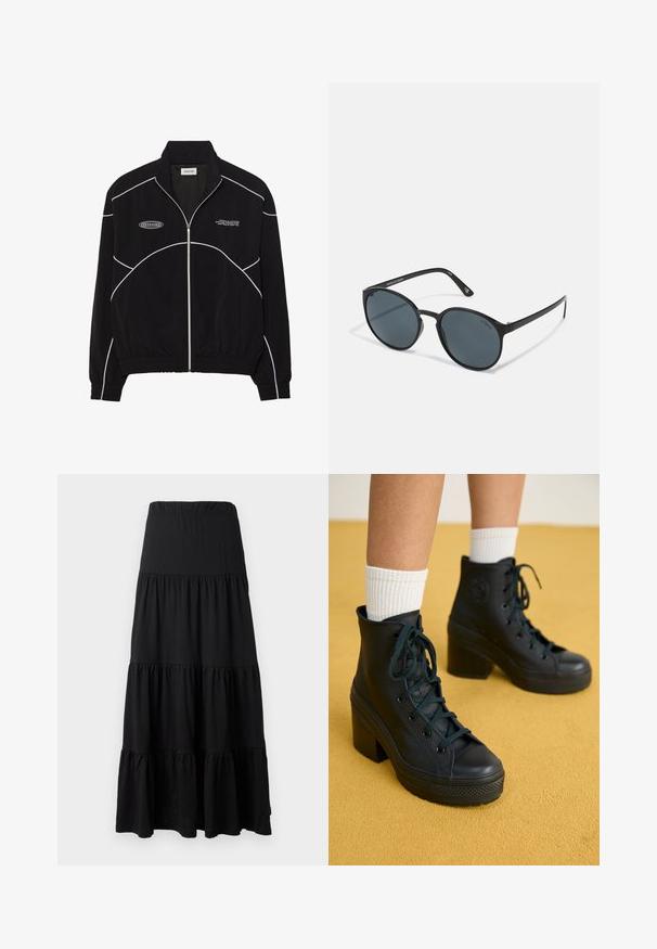 Čierna zipsová bunda s bielo kontrastným šitím, vysokým golierom, elastickými manžetami a textúrovaným interiérom. Obsahuje logo na hrudi.; Čierne dlhé rukávy výkonnostného trička so zvýšeným golierom, elastickým materiálom a kontrastnými šedými pruhmi. Na prednej strane je umiestnené logo "MISBHV".; Čierna maxi sukňa vyrobená z jemnej látky, s vrstveným dizajnom, elastickým pásom a volánmi na leme.; Čierne vysoké tenisky s textúrovaným povrchom, šnurovací dizajn, gumová špička a robustné podpätky, skombinované s bielymi rebrovanými ponožkami.; Hranaté čierne slnečné okuliare s tmavými šošovkami, vyrobené z plastu. Úzke ramienka so značkovaním na boku, s hladkým povrchom a jemnými akcentmi.