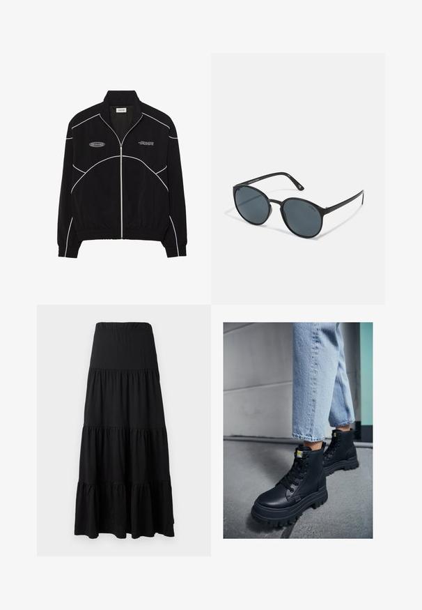 Black zip-up jacket with white contrast stitching, a high collar, elasticized cuffs, and a textured interior. Features a logo on the chest.; Black long-sleeve performance top featuring a high neck, stretch fabric, and contrasting gray line patterns with "MISBHV" logo on the front.; Black maxi skirt made of soft fabric, featuring a tiered design with an elastic waistband and ruffled accents at the hem.; Black high-top boots with a textured leather finish, thick rubber sole, and black laces, paired with light blue cuffed denim jeans.; Round black sunglasses with dark lenses, made of plastic. Slim temples with branding on the side, featuring a smooth texture and subtle accents.