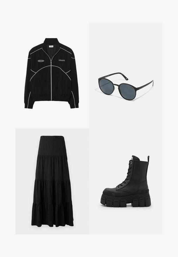 Svart hettejakke med hvit kontrastsøm, høyt krage, elastiske mansjetter og teksturert interiør. Har en logo på brystet.; Svart langermet prestasjonstrøye med høy hals, elastisk stoff og kontrasterende grå linjemønstre med "MISBHV"-logoen på fronten.; Sorte maxiskjørt laget av mykt stoff, med et lagdelt design, elastisk midjebånd og volanger ved kanten.; Buffalo GOSPHER LACE UP MID - Snørestøvletter - black; Runde svarte solbriller med mørke linser, laget av plast. Tynne stenger med merking på siden, med en glatt tekstur og subtile detaljer.