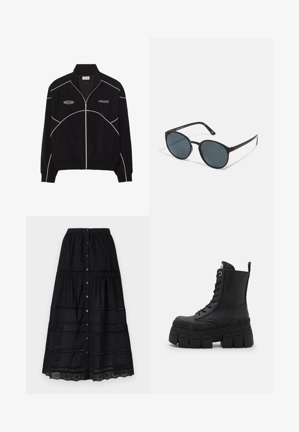 Giacca nera con zip e cuciture bianche a contrasto, colletto alto, polsini elasticizzati e interno texture. Presenta un logo sul petto.; Maglia a maniche lunghe nera performante con collo alto, tessuto elastico e motivi a linee grigie a contrasto con il logo "MISBHV" sul fronte.; Gonna nera con bottoni, dal design a strati, caratterizzata da pizzo e tessuto texturizzato. Include bottoni argento sulla parte frontale.; Buffalo GOSPHER LACE UP MID - Stivaletti stringati - black; Occhiali da sole rotondi neri con lenti scure, realizzati in plastica. Stemmi sottili con marchio sul lato, caratterizzati da una texture liscia e accenti discreti.