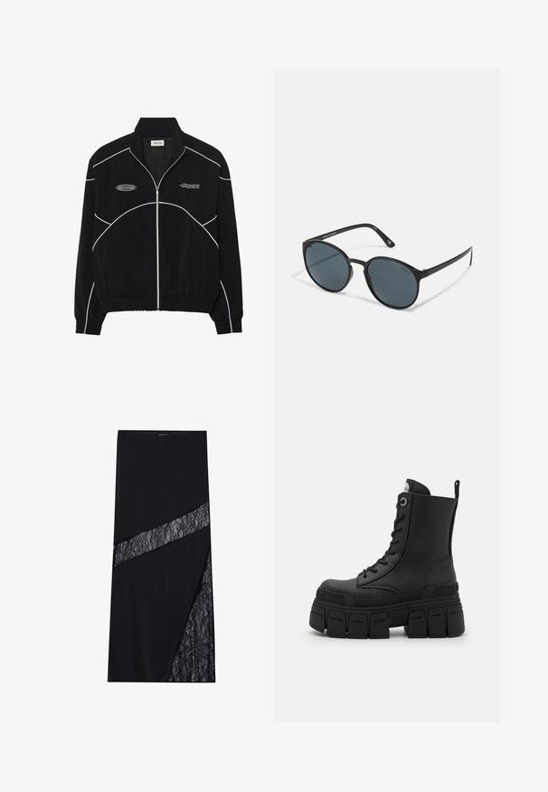 Mustapyyhehousut, joissa on valkoiset kontrastiväriset ompeleet, korkea kaulus, elastiset hihansuut ja teksturoitu sisus. Rinnassa on logo.; Mustapituinen pitkähihainen suorituspaita, jossa on korkea kaula-aukko, joustava kangas ja kontrastiväriset harmaa viivakuviot sekä "MISBHV" -logo edessä.; Even&Odd Maksihame - black; Buffalo GOSPHER LACE UP MID - Nauhalliset nilkkurit - black; Pyöreät mustat aurinkolasit tummilla linsseillä, valmistettu muovista. Kapeat vartaat, jossa brändäys sivussa, hienojakoinen pinta ja hillityt yksityiskohdat.