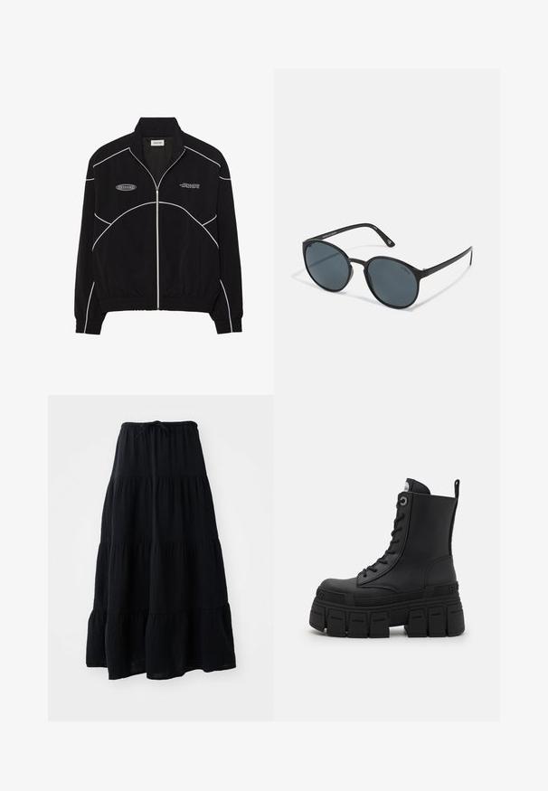 Schwarze Zip-Jacke mit weißen Kontrastnähten, hoher Kragen, elastischen Bündchen und strukturiertem Innenfutter. Verfügt über ein Logo auf der Brust.; Schwarz langärmliges Performance-Shirt mit hohem Kragen, dehnbarem Material und kontrastierenden grauen Linienmustern sowie dem "MISBHV"-Logo auf der Vorderseite.; Schwarzer, gestufter Rock aus leichtem Material, mit einem elastischen Bund und einem Kordelzug sowie einem fließenden, strukturierten Design.; Buffalo GOSPHER LACE UP MID - Schnürstiefelette - black; Runde schwarze Sonnenbrille mit dunklen Gläsern, aus Kunststoff gefertigt. Schmale Bügel mit Branding an der Seite, die eine glatte Textur und subtile Akzente aufweisen.