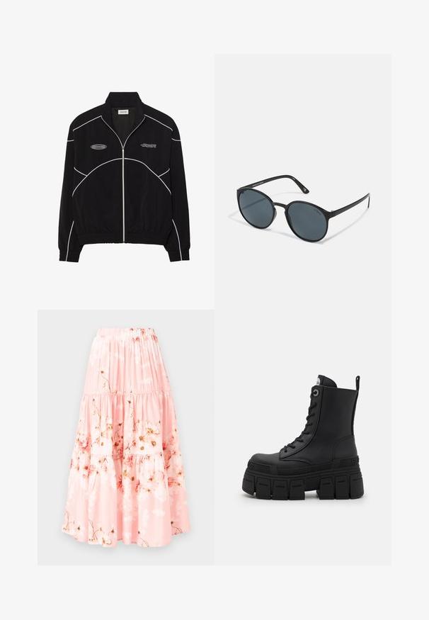 Černá zipová bunda s bílým kontrastním stehem, vysokým límcem, elastickými manžetami a texturovaným interiérem. Na hrudi je umístěno logo.; Černý dlouhý rukáv výkonnostního topu s vysokým límcem, elastickým materiálem a kontrastními šedými liniemi s logem "MISBHV" na přední straně.; YAS YASBILL - Maxi sukně - chintz rose; Buffalo GOSPHER LACE UP MID - Šněrovací kotníkové boty - black; Kulaté černé sluneční brýle s tmavými skly, vyrobené z plastu. Úzké nožičky s logem na straně, s hladkým povrchem a jemnými akcenty.