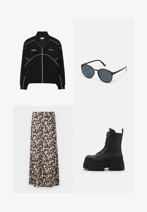 Chaqueta negra de cremallera con costuras en contraste blancas, un cuello alto, puños elasticados y un interior texturizado. Presenta un logo en el pecho.; Camiseta de rendimiento negra de manga larga con cuello alto, tela elástica y patrones de líneas grises contrastantes con el logo "MISBHV" en el frente.; Falda marrón con un patrón abstracto blanco, con un diseño fluido y una textura suave, que llega hasta la mitad de la pantorrilla.; Buffalo GOSPHER LACE UP MID - Botines con cordones - black; Gafas de sol redondas negras con lentes oscuros, fabricadas en plástico. Patillas delgadas con marca en el lateral, que presentan una textura suave y acentos sutiles.