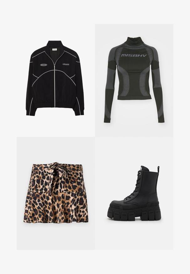 Schwarze Zip-Jacke mit weißen Kontrastnähten, hoher Kragen, elastischen Bündchen und strukturiertem Innenfutter. Verfügt über ein Logo auf der Brust.; Schwarz langärmliges Performance-Shirt mit hohem Kragen, dehnbarem Material und kontrastierenden grauen Linienmustern sowie dem "MISBHV"-Logo auf der Vorderseite.; Minirock im Leopardenmuster aus weichem Material, mit ausgestelltem Schnitt, gebundenem Taillenbund und kontrastierenden schwarzen und braunen Flecken auf einem beigen Hintergrund.; Buffalo GOSPHER LACE UP MID - Schnürstiefelette - black