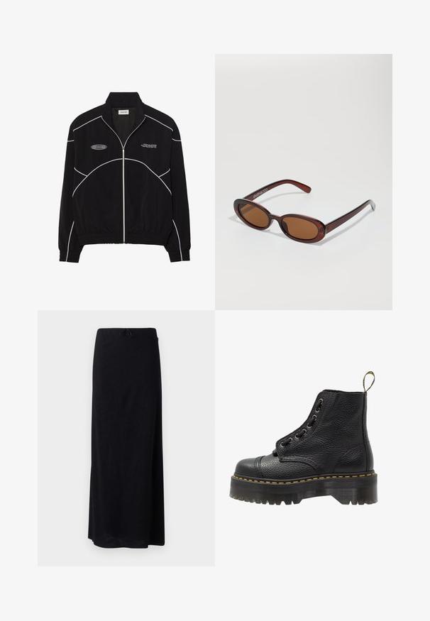 Svart hettejakke med hvit kontrastsøm, høyt krage, elastiske mansjetter og teksturert interiør. Har en logo på brystet.; Svart langermet prestasjonstrøye med høy hals, elastisk stoff og kontrasterende grå linjemønstre med "MISBHV"-logoen på fronten.; Svart maxiskjørt i et glatt, lett stoff. Har elastisk midje med snøring. Enkel, rett skjæring med nederkant.; Svart lær ankelstøvel med teksturert overflate, rund tå, snøring, gule sømmer, og en tykk, rippet svart plattformsåle.; Runde, brune solbriller med en blank burgunderfarvet ramme. Slanke arme med subtile brandingdetaljer. Flad linse design.