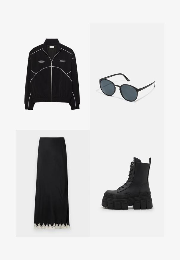Veste noire zippée avec des coutures blanches contrastantes, un col montant, des poignets élastiques et un intérieur texturé. Présente un logo sur la poitrine.; T-shirt de performance noir à manches longues avec un col haut, en tissu extensible, et des motifs linéaires gris contrastés avec le logo "MISBHV" sur le devant.; Jupe longue noire en tissu lisse avec une fente haute et une bordure en dentelle blanche complexe à l'ourlet, présentant une coupe droite et un design minimaliste.; Buffalo GOSPHER LACE UP MID - Bottines à lacets - black; Lunettes de soleil rondes noires avec des verres foncés, en plastique. Branches fines avec une marque sur le côté, présentant une texture lisse et des accents subtils.