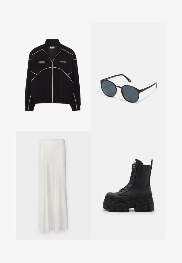 Schwarze Zip-Jacke mit weißen Kontrastnähten, hoher Kragen, elastischen Bündchen und strukturiertem Innenfutter. Verfügt über ein Logo auf der Brust.; Schwarz langärmliges Performance-Shirt mit hohem Kragen, dehnbarem Material und kontrastierenden grauen Linienmustern sowie dem "MISBHV"-Logo auf der Vorderseite.; Langer, weißer Rock aus glattem, fließendem Stoff. Verfügt über einen einfachen, elastischen Bund und eine gerade Silhouette, die bis zu den Knöcheln reicht.; Buffalo GOSPHER LACE UP MID - Schnürstiefelette - black; Runde schwarze Sonnenbrille mit dunklen Gläsern, aus Kunststoff gefertigt. Schmale Bügel mit Branding an der Seite, die eine glatte Textur und subtile Akzente aufweisen.