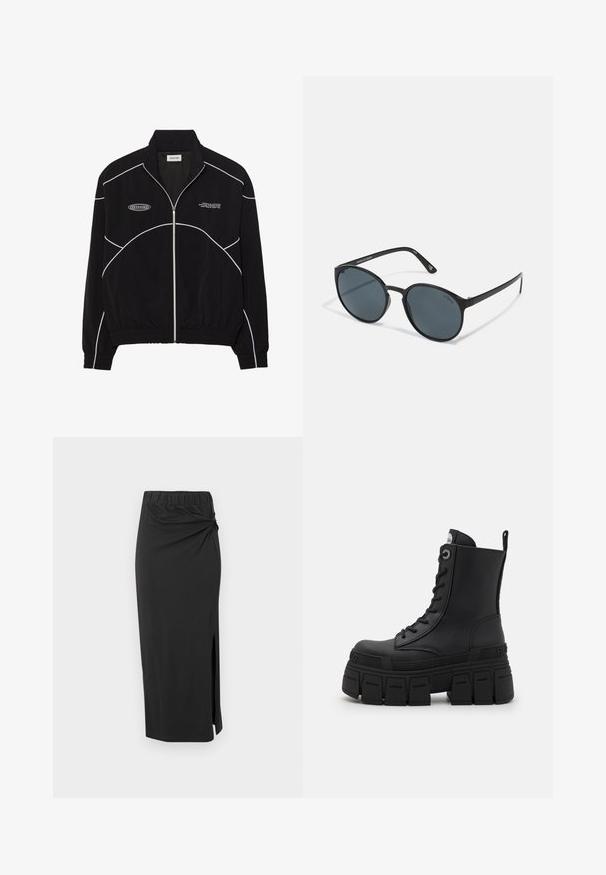 Svart hettejakke med hvit kontrastsøm, høyt krage, elastiske mansjetter og teksturert interiør. Har en logo på brystet.; Svart langermet prestasjonstrøye med høy hals, elastisk stoff og kontrasterende grå linjemønstre med "MISBHV"-logoen på fronten.; Svart, midje-lang skjørt laget av myk stoff. Har elastisk linning, vridningsdetalj ved hoften, og en sideslitt. Jevn tekstur generelt.; Buffalo GOSPHER LACE UP MID - Snørestøvletter - black; Runde svarte solbriller med mørke linser, laget av plast. Tynne stenger med merking på siden, med en glatt tekstur og subtile detaljer.