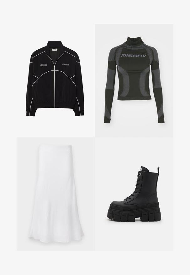 Black zip-up jacket with white contrast stitching, a high collar, elasticized cuffs, and a textured interior. Features a logo on the chest.; Black long-sleeve performance top featuring a high neck, stretch fabric, and contrasting gray line patterns with "MISBHV" logo on the front.; White skirt with a flowing A-line shape, made of lightweight fabric. Smooth texture, knee-length, featuring a simple design without patterns.; Buffalo GOSPHER LACE UP MID - Lace-up ankle boots - black