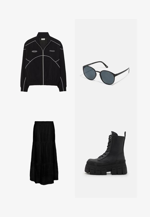 Fekete zipzáros dzseki fehér kontrasztvarrással, magas gallérral, elasztikus mandzsettákkal és strukturált belső résszel. Az elején logó található.; Fekete, hosszú ujjú teljesítmény felső, magas nyakkal, rugalmas anyagból készült, kontrasztos szürke vonalmintázattal és "MISBHV" logóval az elején.; Fekete, réteges maxi szoknya, rugalmas derékkal, könnyű anyagból készült, texturált felülettel és folyékony sziluettel.; Buffalo GOSPHER LACE UP MID - Fűzős bokacsizmák - black; Kerek fekete napszemüveg sötét lencsékkel, műanyagból készült. Karcsú szárak márkajelzéssel az oldalon, sima felülettel és finom részletekkel.