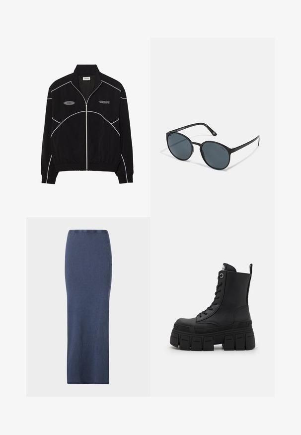 Melna jaku ar rāvējslēdzēju un baltām kontrastējošām šuvēm, augstu apkakli, elastīgām piedurknēm un teksturētu iekšpusi. Uz krūšu ir logo.; Melnā garenbiržu veiktspējas topa ar augstu apkakli, elastīgu audumu un kontrastējošām pelēkām līnijām ar "MISBHV" logo priekšpusē.; Tumši zila ribota adīta zīmuļa svārku ar pieguļošu dizainu un taisnu siluetu. Tam ir elastīga josta un gluda tekstūra.; Buffalo GOSPHER LACE UP MID - Šņorējami puszābaki - black; Apaļas melnas saulesbrilles ar tumšiem stikliem, izgatavotas no plastmasas. Šauras kājas ar zīmolu uz sāna, ar gludu tekstūru un izsmalcinātiem akcentiem.