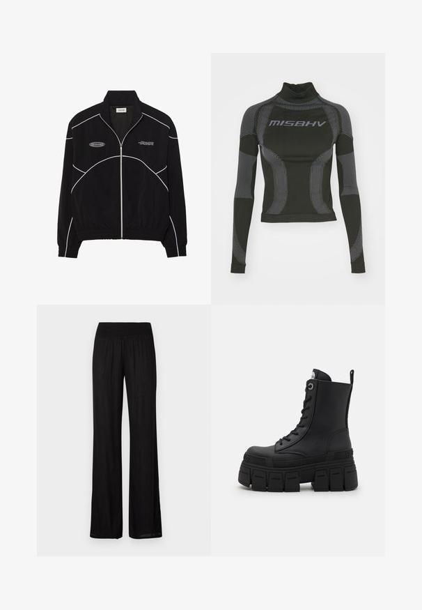 Black zip-up jacket with white contrast stitching, a high collar, elasticized cuffs, and a textured interior. Features a logo on the chest.; Black long-sleeve performance top featuring a high neck, stretch fabric, and contrasting gray line patterns with "MISBHV" logo on the front.; Black wide-leg pants with a smocked waistband, made of lightweight fabric featuring a subtle texture and straight, flowing cut.; Buffalo GOSPHER LACE UP MID - Lace-up ankle boots - black