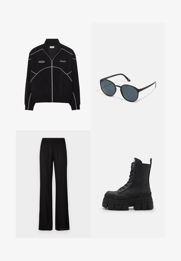 Čierna zipsová bunda s bielo kontrastným šitím, vysokým golierom, elastickými manžetami a textúrovaným interiérom. Obsahuje logo na hrudi.; Čierne dlhé rukávy výkonnostného trička so zvýšeným golierom, elastickým materiálom a kontrastnými šedými pruhmi. Na prednej strane je umiestnené logo "MISBHV".; Čierne nohavice s širokými nohavicami a rozšíreným pásom, vyrobené z ľahkej látky s jemnou textúrou a rovný, splývavý strih.; Buffalo GOSPHER LACE UP MID - Členkové šnurovacie čižmy - black; Hranaté čierne slnečné okuliare s tmavými šošovkami, vyrobené z plastu. Úzke ramienka so značkovaním na boku, s hladkým povrchom a jemnými akcentmi.