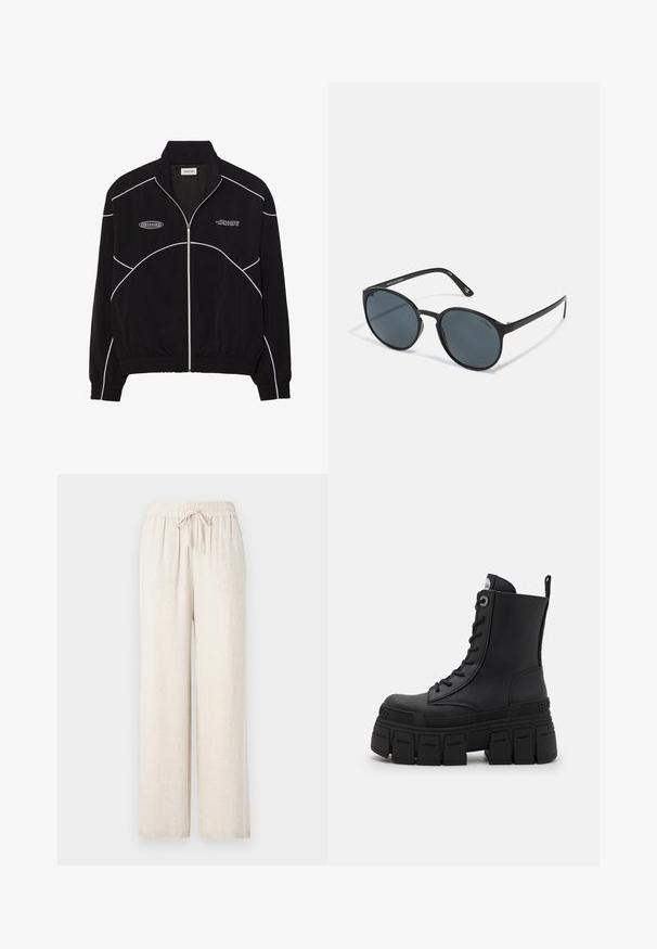 Mustapyyhehousut, joissa on valkoiset kontrastiväriset ompeleet, korkea kaulus, elastiset hihansuut ja teksturoitu sisus. Rinnassa on logo.; Mustapituinen pitkähihainen suorituspaita, jossa on korkea kaula-aukko, joustava kangas ja kontrastiväriset harmaa viivakuviot sekä "MISBHV" -logo edessä.; Haal beige, leve pantaloonit, jotka on valmistettu pehmeästä, teksturoidusta materiaalista. Ominaisuuksia ovat joustava vyötärö, jossa on säätönyöri.; Buffalo GOSPHER LACE UP MID - Nauhalliset nilkkurit - black; Pyöreät mustat aurinkolasit tummilla linsseillä, valmistettu muovista. Kapeat vartaat, jossa brändäys sivussa, hienojakoinen pinta ja hillityt yksityiskohdat.; Even&Odd Käsilaukku - off-white