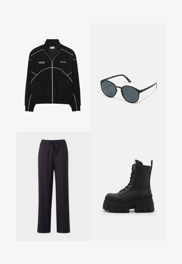 Veste noire zippée avec des coutures blanches contrastantes, un col montant, des poignets élastiques et un intérieur texturé. Présente un logo sur la poitrine.; T-shirt de performance noir à manches longues avec un col haut, en tissu extensible, et des motifs linéaires gris contrastés avec le logo "MISBHV" sur le devant.; Pantalons noirs légers, coupe droite, avec taille élastique et cordon de serrage. Texture lisse, sans motifs ni éléments visibles.; Buffalo GOSPHER LACE UP MID - Bottines à lacets - black; Lunettes de soleil rondes noires avec des verres foncés, en plastique. Branches fines avec une marque sur le côté, présentant une texture lisse et des accents subtils.