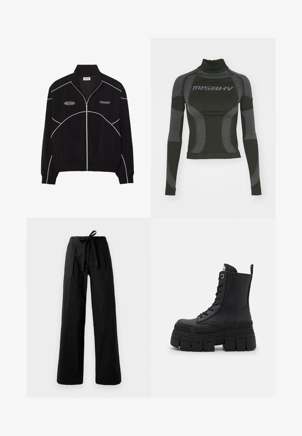 Melna jaku ar rāvējslēdzēju un baltām kontrastējošām šuvēm, augstu apkakli, elastīgām piedurknēm un teksturētu iekšpusi. Uz krūšu ir logo.; Melnā garenbiržu veiktspējas topa ar augstu apkakli, elastīgu audumu un kontrastējošām pelēkām līnijām ar "MISBHV" logo priekšpusē.; Melni platā kājām bikses ar augstu elastīgu jostu, kas papildināta ar piesietu jostu un gludu tekstūru. Pielāgota dizaina ar asiem krokām.; Buffalo GOSPHER LACE UP MID - Šņorējami puszābaki - black