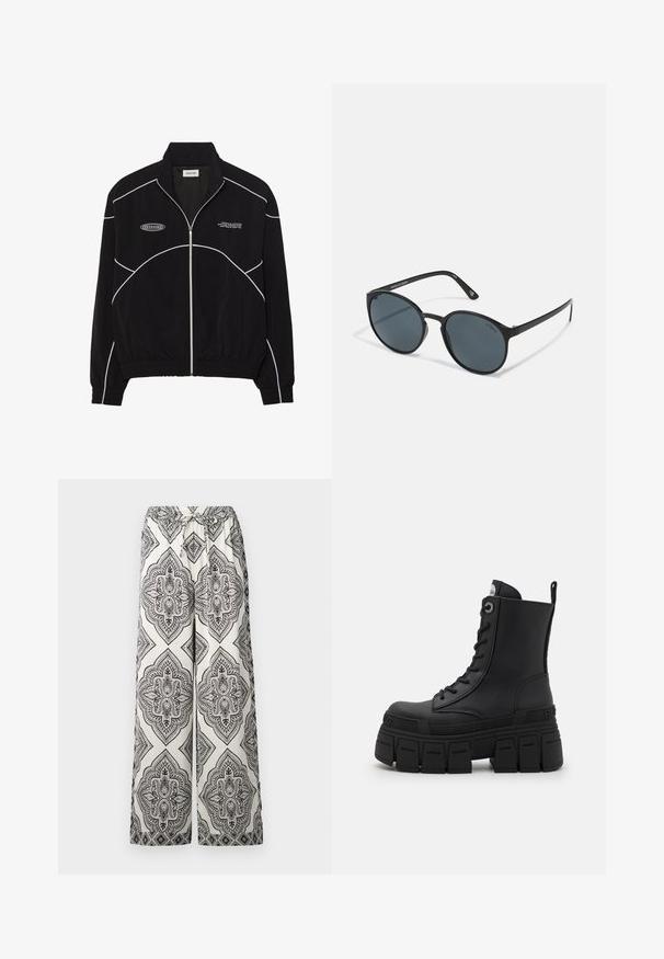 Must must riiet, millel on valged kontrastõmblused, kõrge krae, elastsed mansetid ja tekstureeritud sisemus. Rinnal on logo.; Musta pikade varrukatega jõudlusületus, millel on kõrge kaelus, elastne kangas ja kontrastsed hallid joonmustrid koos "MISBHV" logoga ees.; Kreemivärvi wide-leg püksid musta ornate diamond mustriga. Omavad elastset vööd lipsumudiga ja sujuvat tekstuuri.; Buffalo GOSPHER LACE UP MID - Nööritavad poolsaapad - black; Ümar mustad prillid tumedate läätsedega, valmistatud plastikust. Kitsad nurgad, millel on külgedel bränding, sile tekstuur ja peened aktsendid.