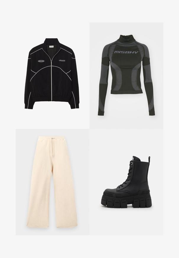 Sort zip-jakke med hvid kontrastsyning, højt krave, elastiske manchetter og en tekstureret inderside. Har et logo på brystet.; Sort langærmet performance top med høj hals, strækstof og kontrasterende grå linjemønstre med "MISBHV" logoet på fronten.; Bredde benbukser i lysbeige, lavet af et struktureret stof. Har en elastisk talje med snoretræk. Enkel, udekoreret design.; Buffalo GOSPHER LACE UP MID - Snørestøvletter - black