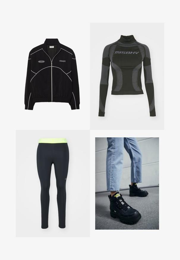 Zwarte zip-up jas met witte contrasterende stiksels, een hoge kraag, elastische manchetten en een gestructureerde binnenkant. Bevat een logo op de borst.; Zwarte langemouwen prestatie-top met hoge hals, stretchstof en contrasterende grijze lijnpatronen met het "MISBHV"-logo aan de voorkant.; Nike Performance 365 - Tights - black/yellow; Zwarte hoge sneakers met een chunky zool, voorzien van vetersluiting, logo-accenten en gele labels. Gdragend met lichtblauwe cropped jeans.