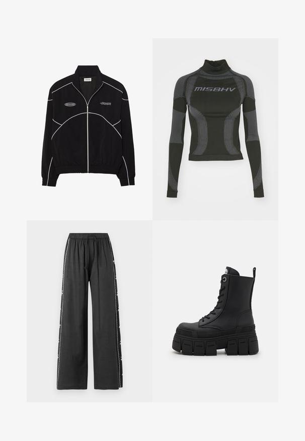 Black zip-up jacket with white contrast stitching, a high collar, elasticized cuffs, and a textured interior. Features a logo on the chest.; Black long-sleeve performance top featuring a high neck, stretch fabric, and contrasting gray line patterns with "MISBHV" logo on the front.; Black wide-leg pants with an elastic waistband and drawstring, featuring white embroidered accents along the side seam. Smooth texture.; Buffalo GOSPHER LACE UP MID - Lace-up ankle boots - black