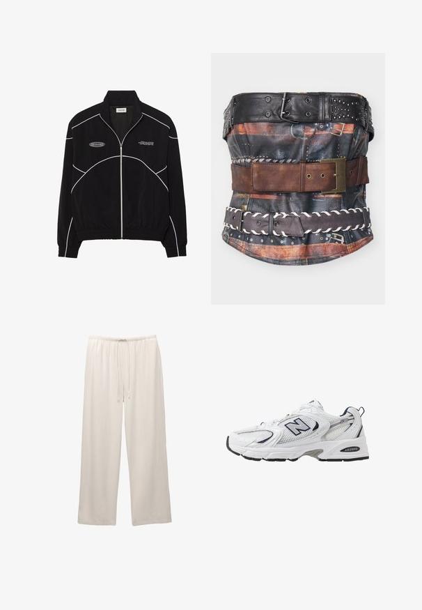 Black zip-up jacket with white contrast stitching, a high collar, elasticized cuffs, and a textured interior. Features a logo on the chest.; Leather corset featuring multiple belts in different colors: black with studs, brown leather, and a braided dark brown belt. Textured fabric with patterns.; Light-colored, wide-leg trousers made from soft fabric with an elastic waistband and adjustable drawstring for comfort.; White athletic shoe with mesh upper, navy accents, and cushioned sole. Features "N" logo, laces, and textured detail on side.