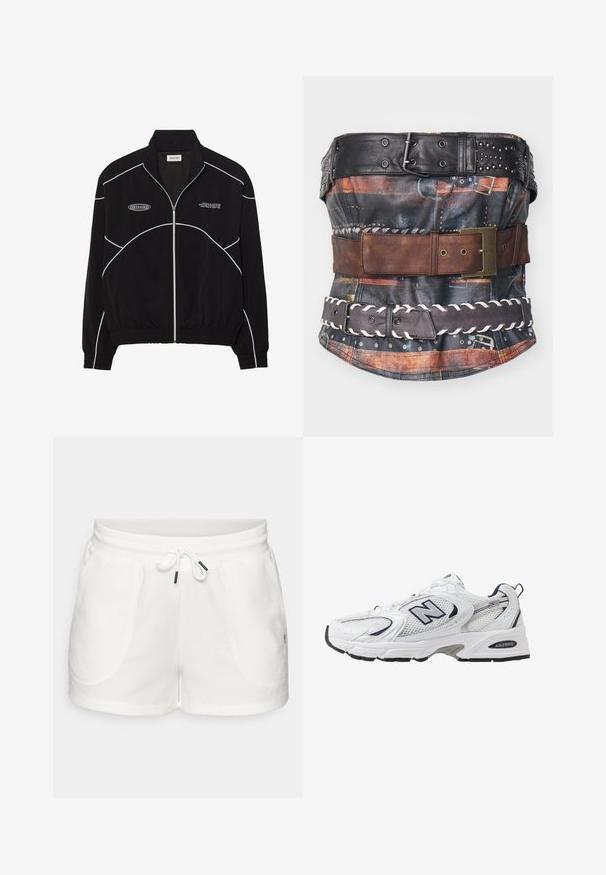 Črna jakna z zadrgo in belimi kontrastnimi šivi, visokim ovratnikom, elastičnimi manšetami in teksturirano notranjostjo. Na prsih je logotip.; Usnjeni korzet s številnimi pasovi v različnih barvah: črn s konicami, rjav usnje in pleteni temno rjav pas. Teksturirana tkanina z vzorci.; Bela bombažna kratka hlače z elastičnim pasom, vrvico z kovinskimi konicami in dvema stranskima žepoma ter mehko teksturo.; Bele športne copate z mrežasto zgornjimi deli, mornarskimi naglasnimi barvami in oblazinjeno podplatom. Vključujejo logotip "N", vezalke in teksturirane detajle na strani.