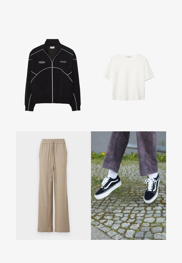Črna jakna z zadrgo in belimi kontrastnimi šivi, visokim ovratnikom, elastičnimi manšetami in teksturirano notranjostjo. Na prsih je logotip.; Bela kratka majica s kratkimi rokavi iz bombaža. Ima okroglo izrezovanje in sproščen kroj. Gladka tekstura brez vidnih vzorcev ali poudarkov.; Bež široke hlače iz lahkega blaga. Imajo elastičen pas s vrvico in stranske žepe. Gladka tekstura.; Črne semiš teniske z belimi akcenti, s krožno prstom, debelim belim podplatom in klasičnim vezanjem, nošene z belimi nogavicami in vijoličnimi hlačami.