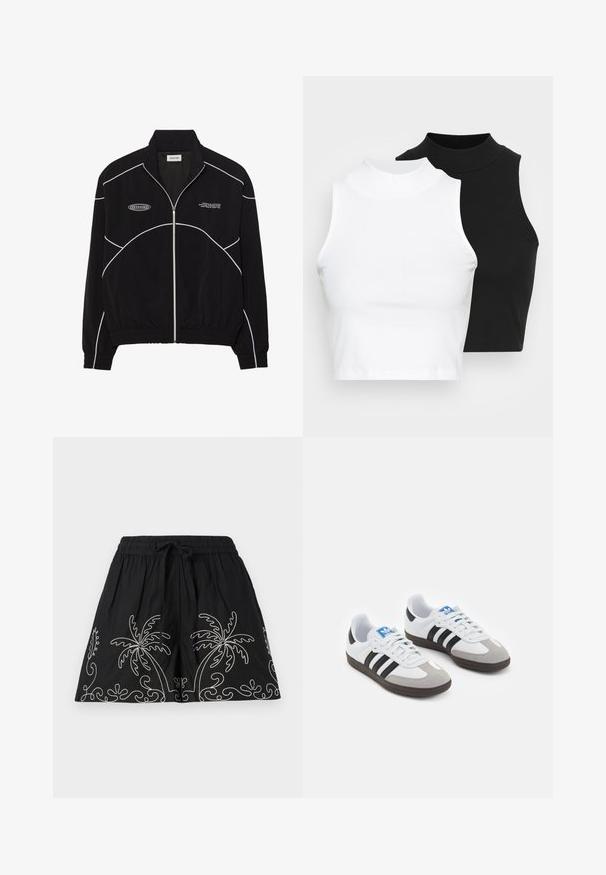 Juodas zip-up džemperis su baltu kontrastiniu siuvinėjimu, aukštu apykakle, elastinėmis rankovėmis ir tekstūruotu vidumi. Kelyje yra logotipas ant krūtinės.; Du pirštu riboti be rankovių golfo marškiniai juodos ir baltos spalvų, pasižymintys prigludusia forma ir lygia tekstūra, trumpu ilgiu.; Juodi medvilniniai šortai su elastine juosmens juosta ir raišteliu. Apačioje yra balti siuvinėti palmės medžių motyvai.; Sportiniai batai su balta odine viršutine dalimi, pilku zomšiniu priekiu ir trimis juodomis juostelėmis. Ant liežuvio yra mėlynas logotipas, o padas pagamintas iš tekstūruoto gumos.