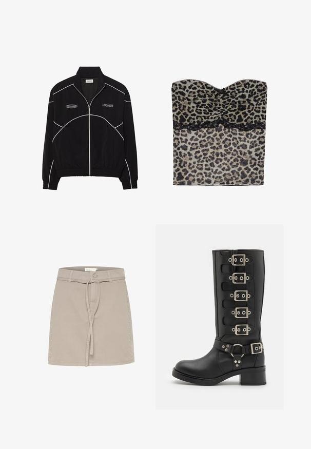 Černá zipová bunda s bílým kontrastním stehem, vysokým límcem, elastickými manžetami a texturovaným interiérem. Na hrudi je umístěno logo.; Top bez ramínek s leopardím vzorem a ráchovanou strukturou, s černým krajkovým lemem na spodní části, vyrobený z lehkého materiálu.; Béžová džínová mini sukně s poutky na opasek, předním zavazováním a dekorativními hroty podél pravé strany. Hladká textura a strukturovaný tvar.; Černé kozačky po kolena vyrobené z hladké kůže, s šesti stříbrnými přezkami, širokým pásem s O-kroužkem a robustním blokovým podpatkem.
